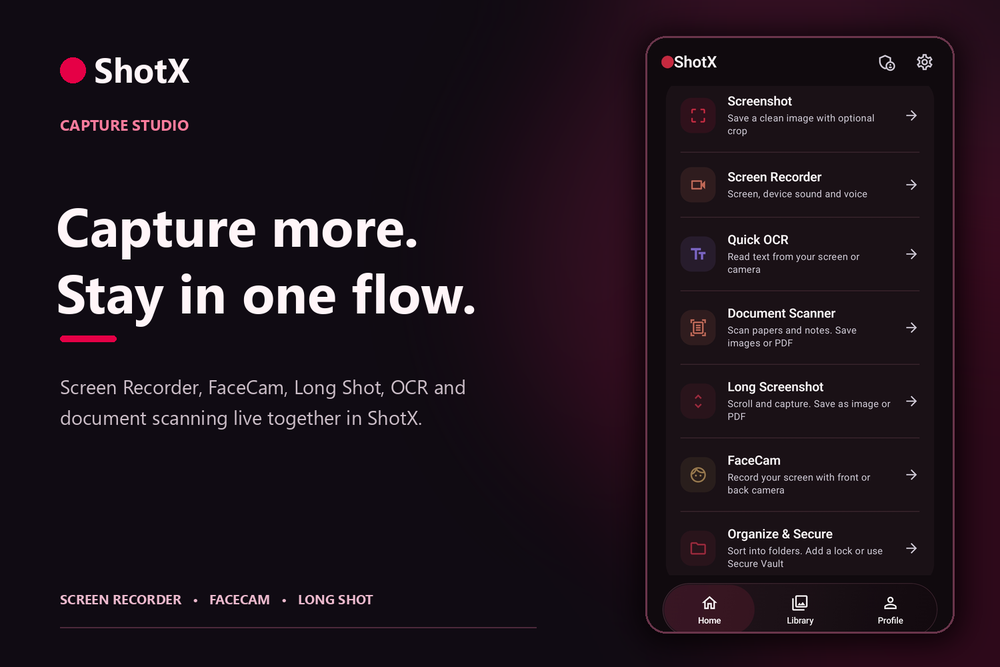 Real ShotX Home showing Screenshot, Screen Recorder, OCR, Document Scanner, Long Screenshot and FaceCam