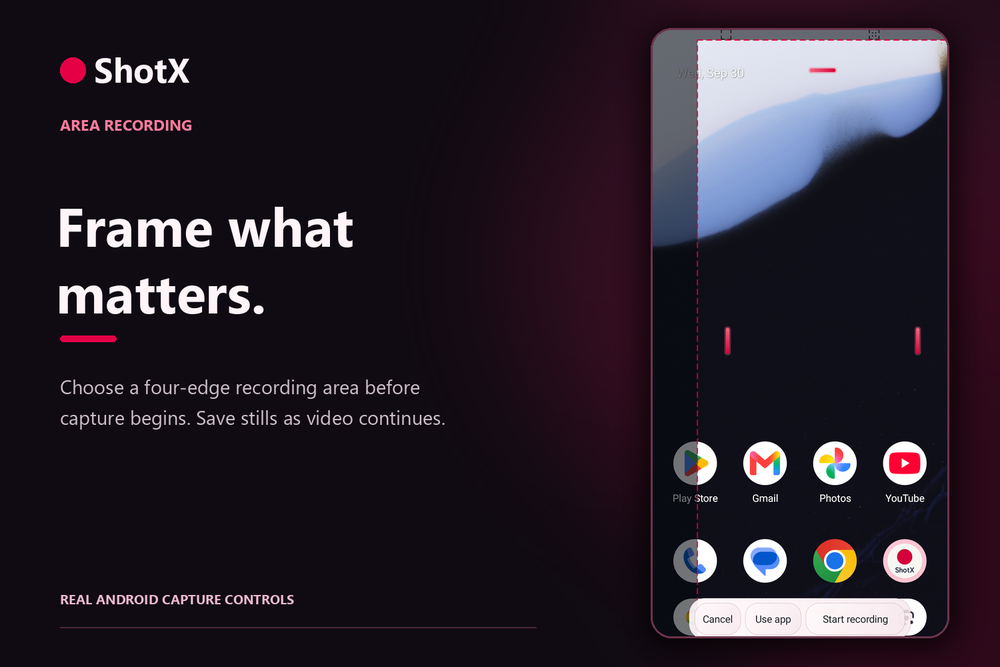 ShotX four-edge recording-area selector on an Android test device