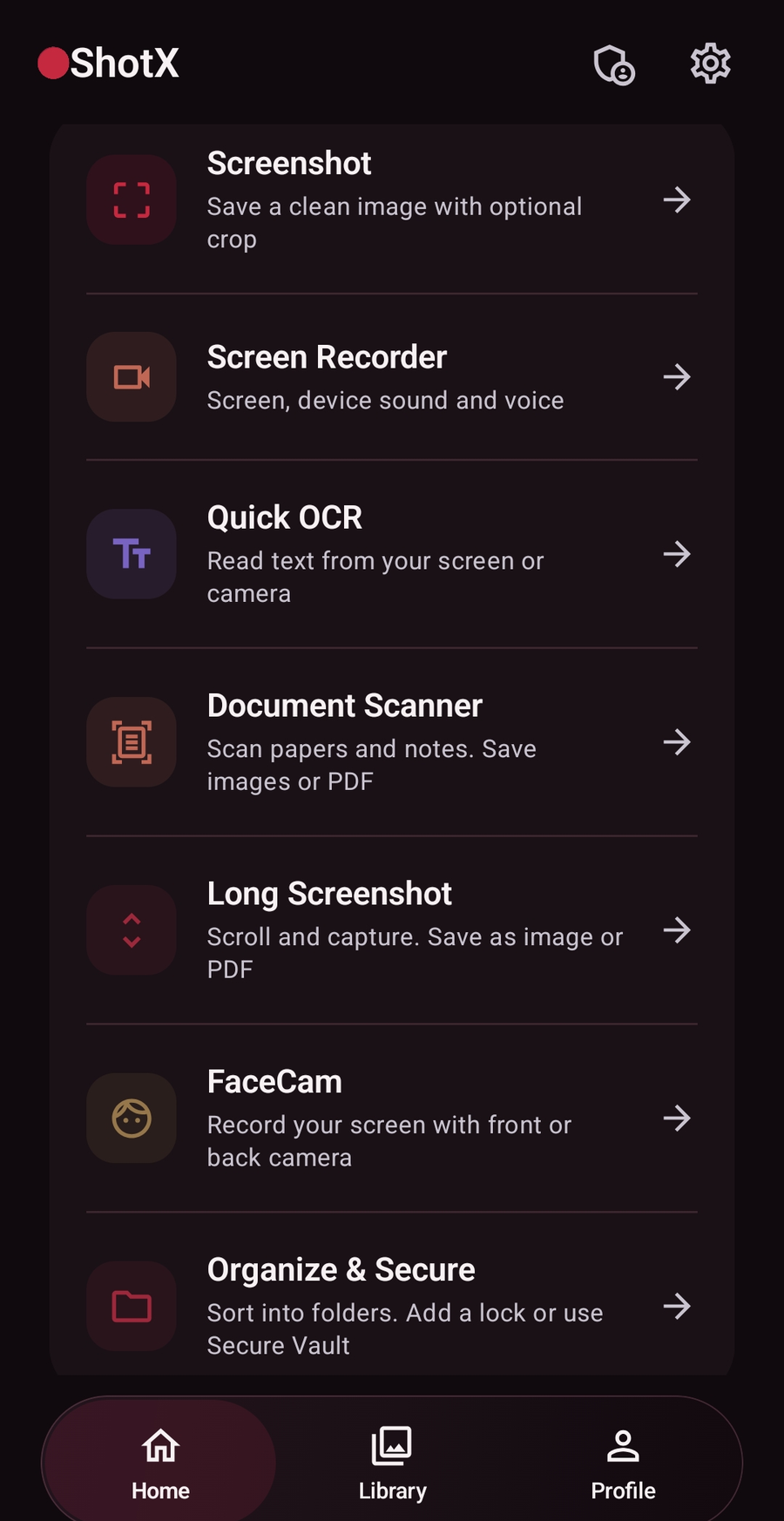 Real ShotX Home with Screenshot, Screen Recorder, OCR, Document Scanner, Long Shot and FaceCam tools